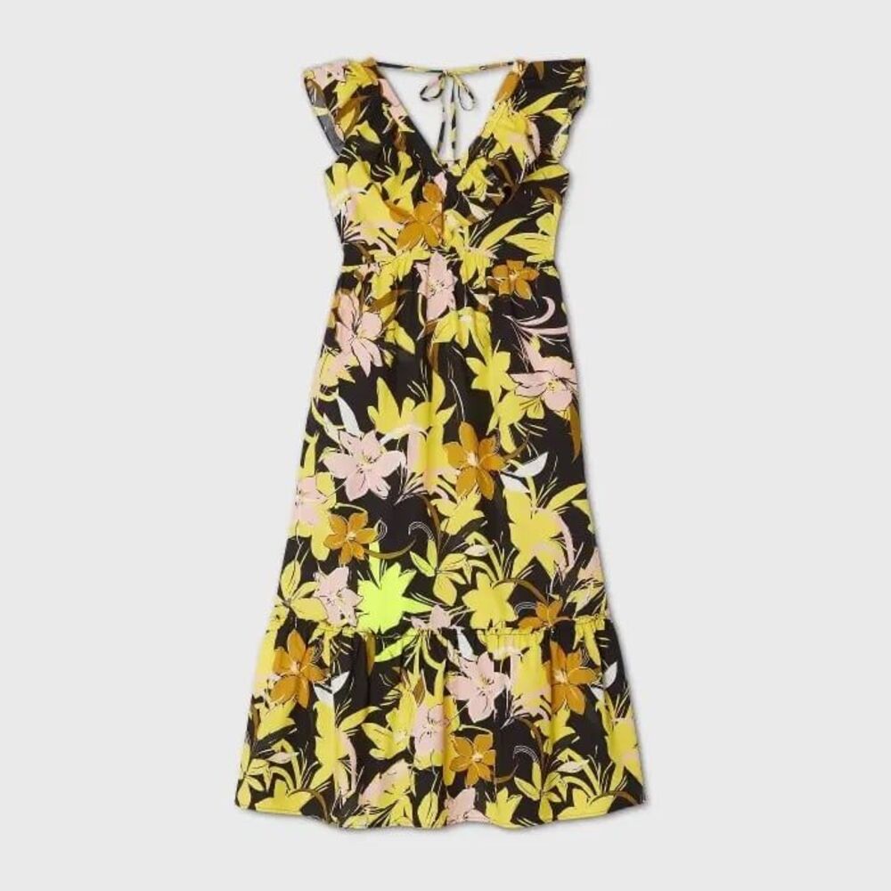 Who What Wear Black and Yellow Floral print sleeveless midi dress size M